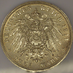 3 Mark Dt. Reich Silber Silbermünze // Luitpold Prinz Regend V. Bayern / 1911 D