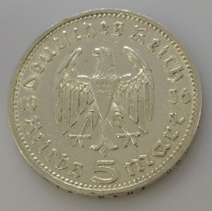 Drittes Reich 5 Reichsmark Silbermünze 1936 D - Hindenburg