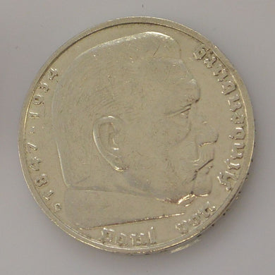 Drittes Reich 5 Reichsmark Silbermünze 1936 D - Hindenburg