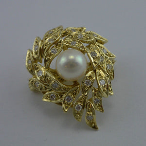 Vintage Brosche mit 0.48 ct. Brillanten & Perle / 585er - 14 Karat Gold