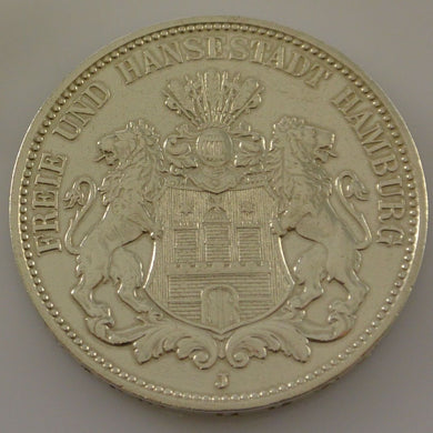 3 Mark Dt. Reich Silber Silbermünze / Freie und Hansestadt Hamburg / 1909 J