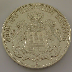 3 Mark Dt. Reich Silber Silbermünze / Freie und Hansestadt Hamburg / 1909 J