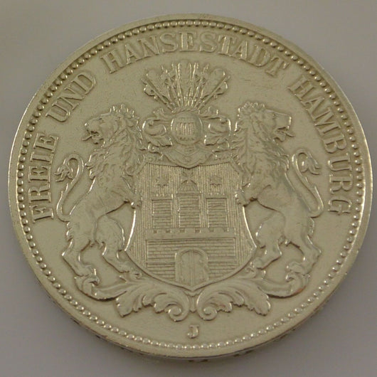 3 Mark Dt. Reich Silber Silbermünze / Freie und Hansestadt Hamburg / 1909 J