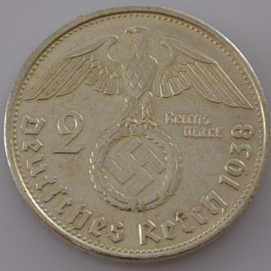 Terzo Impero 2 Reichsmark Moneta d'argento 1938 B - Hindenburg con HK