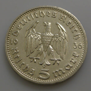 Terzo Impero 5 Reichsmark Moneta D'Argento 1936 D - Hindenburg