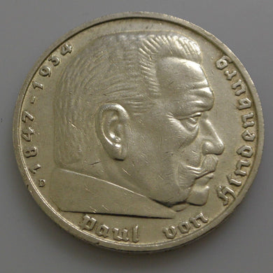 Third Reich 5 Reichsmark Silver Coin 1936 D - Hindenburg
