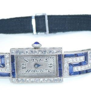 Art-Deco Damen Platin Armbanduhr mit Diamanten&Saphir