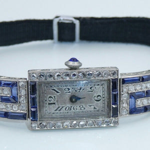 Art-Deco Damen Platin Armbanduhr mit Diamanten&Saphir