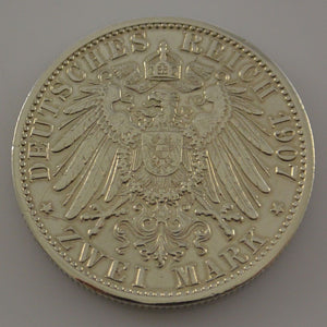 2 Mark Silber Silbermünze Wilhelm II. Deutscher Kaiser König V. Preussen 1907 A