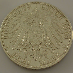 3 Mark Dt. Reich Silber Silbermünze / Freie und Hansestadt Hamburg / 1909 J