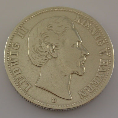 2 Mark Dt. Reich Silber Silbermünze / Ludwig II. Koenig V. Bayern / 1876 D