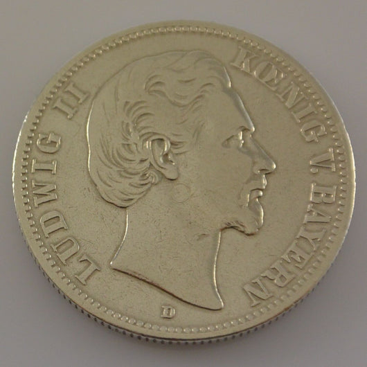 2 Mark Dt. Reich Silber Silbermünze / Ludwig II. Koenig V. Bayern / 1876 D