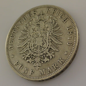 5 Mark Silber Silbermünze / Wilhelm Deutscher Kaiser König V. Preussen / 1876 A