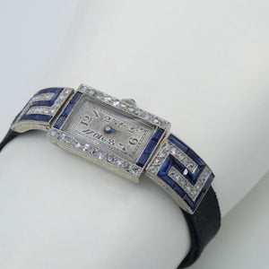 Art-Deco Damen Platin Armbanduhr mit Diamanten&Saphir