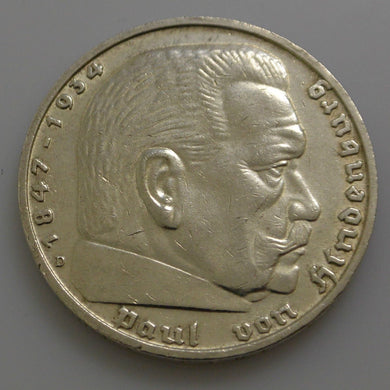 Terzo Impero 5 Reichsmark Moneta D'Argento 1936 D - Hindenburg