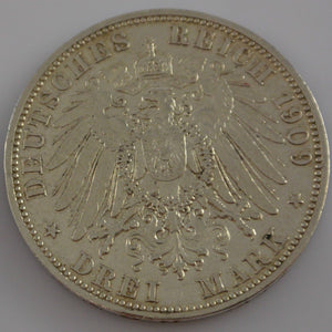 3 Mark Silbermünze dt. Kaiserreich 1909 A - Wilhelm II. dt. Kaiser Preussen