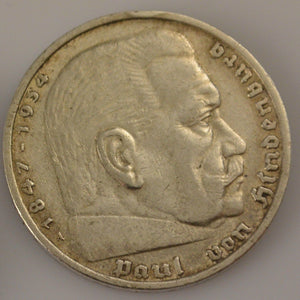 Drittes Reich 5 Reichsmark Silbermünze 1935 A - Paul von Hindenburg