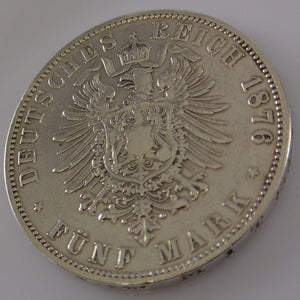 5 Mark Silber Silbermünze / Wilhelm Deutscher Kaiser König V. Preussen / 1876 A