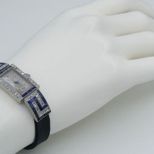 Art-Deco Damen Platin Armbanduhr mit Diamanten&Saphir