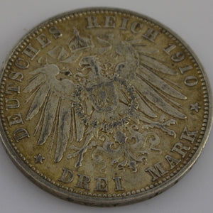 Münze Dt. REICH 1910 A DREI MARK WILHELM II