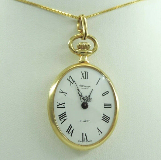 Vintage Uhlmann Geneve Damen Taschenuhr Quartz mit Kette 55 cm Stahl vergoldet