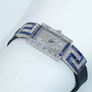 Art-Deco Damen Platin Armbanduhr mit Diamanten&Saphir