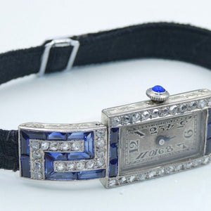 Art-Deco Damen Platin Armbanduhr mit Diamanten&Saphir