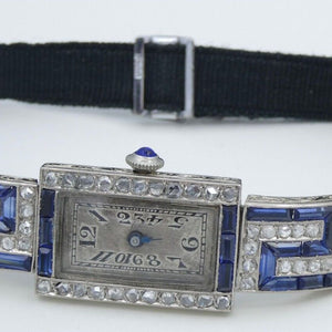 Art-Deco Damen Platin Armbanduhr mit Diamanten&Saphir