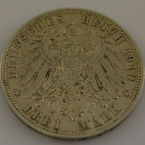 Münze Dt. REICH 1910 A DREI MARK WILHELM II