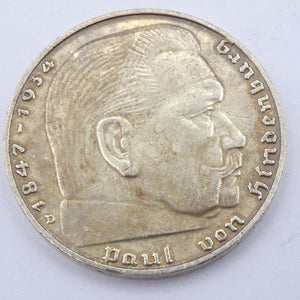 Drittes Reich 2 Reichsmark Silbermünze 1937 D - Hindenburg mit HK