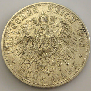 5 MARK OTTO KÖNIG 1908 D VON BAYERN MÜNZE SILBER .