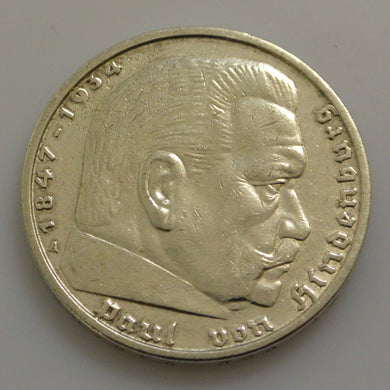 Terzo Impero 5 Reichsmark Moneta D'Argento 1936 a - Hindenburg