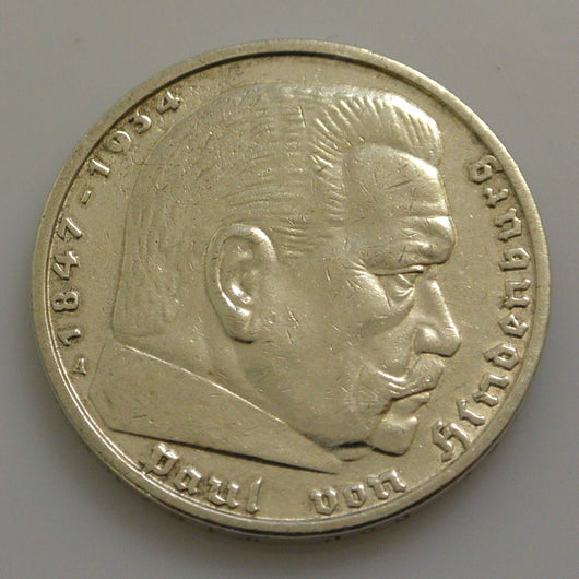 Terzo Impero 5 Reichsmark Moneta D'Argento 1936 a - Hindenburg