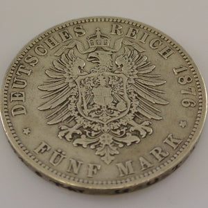 5 Mark Silber Silbermünze / Wilhelm Deutscher Kaiser König V. Preussen / 1876 A