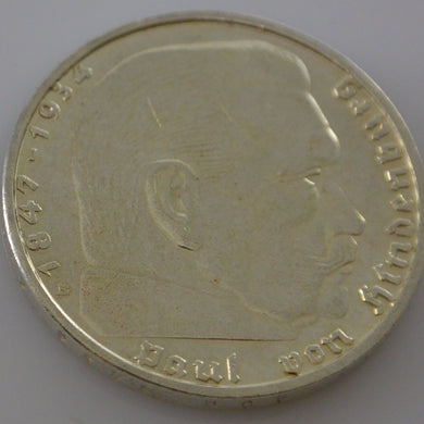 Third Reich 2 Reichsmark Silver coin 1938 B - Hindenburg with HK