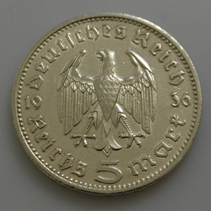 Terzo Impero 5 Reichsmark Moneta D'Argento 1936 a - Hindenburg