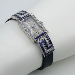 Art-Deco Damen Platin Armbanduhr mit Diamanten&Saphir