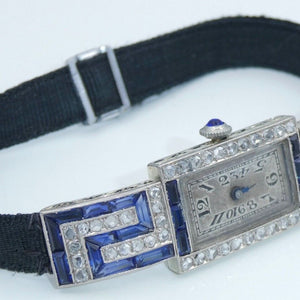 Art-Deco Damen Platin Armbanduhr mit Diamanten&Saphir