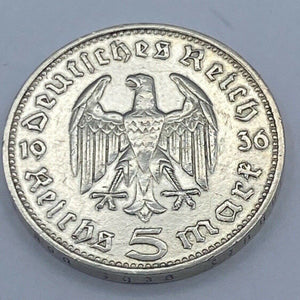 Drittes Reich 5 Reichsmark Silbermünze 1936 F Paul von Hindenburg